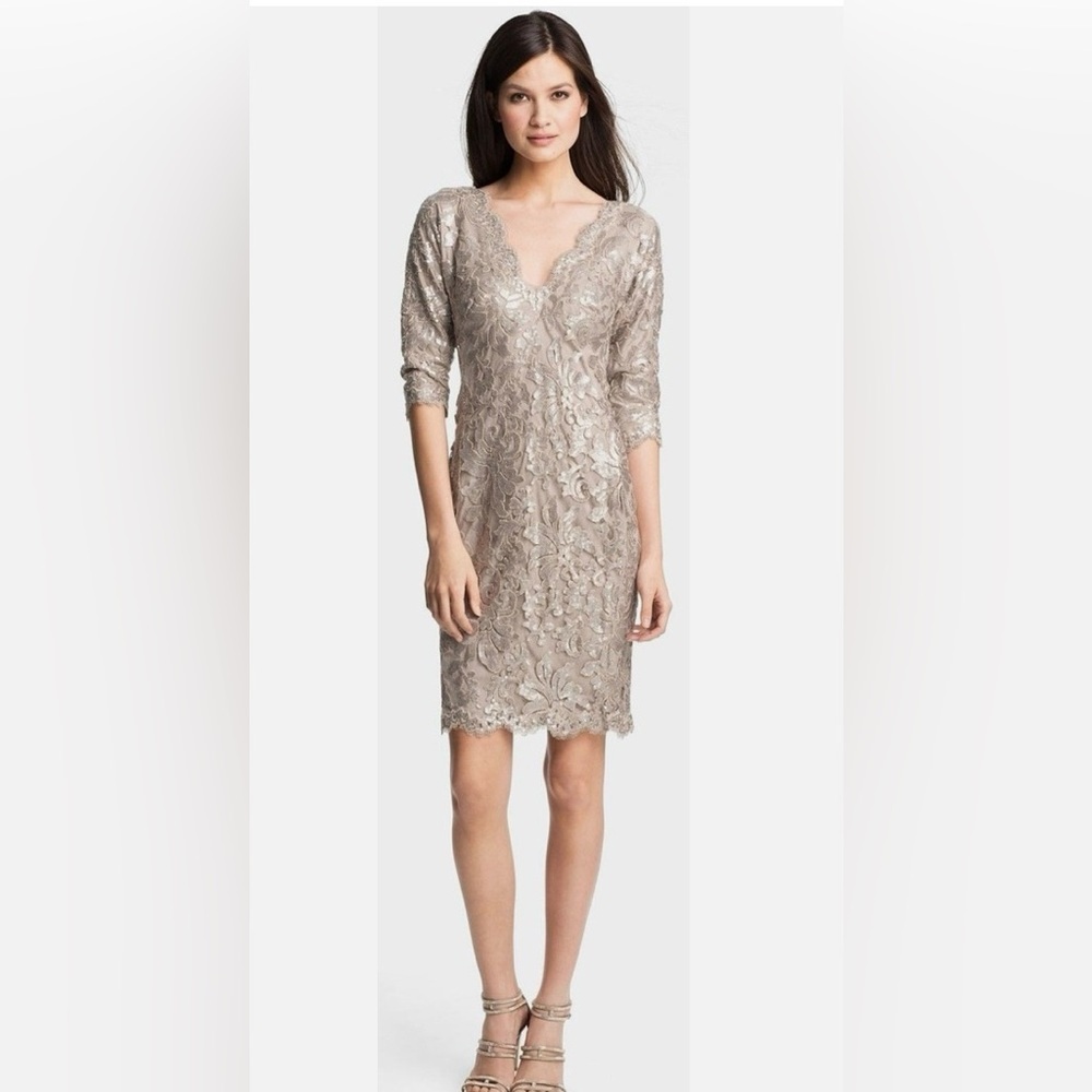 Tadashi Shoji Embroidered Sequin Lace Sand Beige Sheath Cocktail Dress size 8
